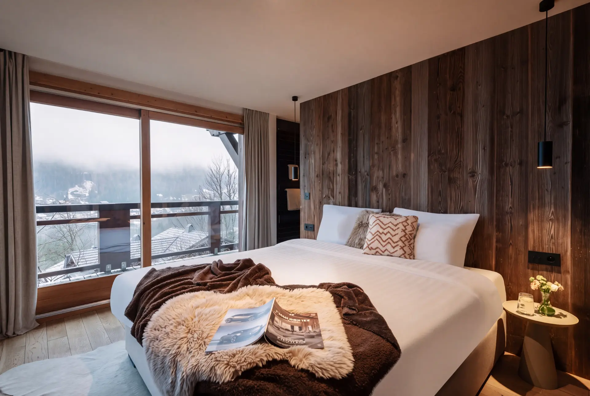 Double bedroom with linen bedding and timber ladder
